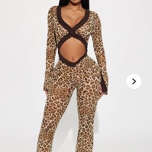 Leopard Print Flared Jumpsuit Pants - Brown
